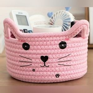 Cat Face Woven Cotton Fabric Storage Basket